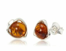 NATURAL BALTIC AMBER STERLING SILVER 925 Gemstone Small Earrings Stud & Box