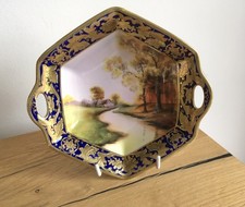 Vintage Japanese Noritake Scenic House & River & Gold Gilded 2 Handled Bowl