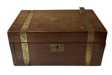 Antique Wooden Writing Slope Box Brass Bound Mahogany 1916 Velvet Lined Plaque