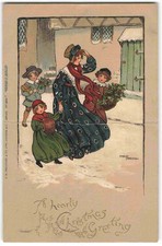 Christmas Mother & Children - 1910 Ethel Parkinson Artist Signed Postcard V02