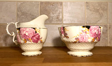 Rare Vintage Aynsley Triple Pink Cabbage Rose Milk Jug & Sugar Bowl. Bone China
