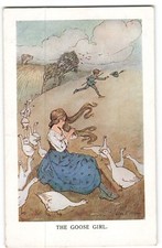 Hilda Miller signed The Goose Girl brushing hair with geese windy day Postcard