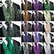 Barry Wang Mens Waistcoat  Paisley Floral Solid Vest Tie Set Wedding Casual