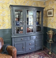 Attractive French Grey Painted Glazed Display Cabinet/ Bookcase