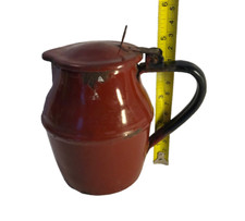 VINTAGE METAL FRENCH ENAMELLED LIDDED JUG DARK RED BRICK / BROWN COLOUR