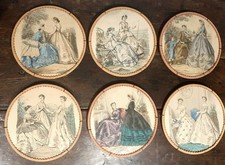 Set of 6 antique handmade wood-based wall plaques Victorian Ladies