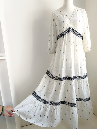 Cotton maxi dress cream navy - cotton,