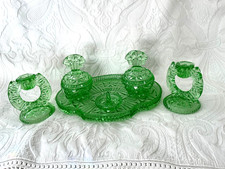 STUNNING VINTAGE 1930s ART DECO  GREEN GLASS DRESSING TABLE SET, 6 PIECE