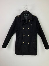 Superdry Charcoal Plain Wool Military Coat Peacoat Double Breasted UK L