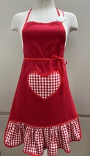 Pretty Red Frilly Apron Heart Shape Pocket Gingham Check Ric Rac trim Handmade 
