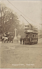 Hastings. Market Cross. Tram to Ore & Horse Drawn Bus.