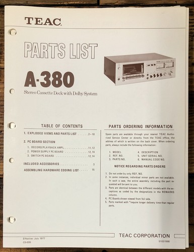 Teac 380 cassette parts list - teac,