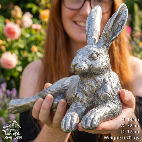 Silver laying hare sculpture - silver,