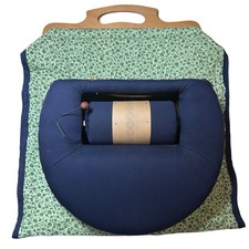 Vintage Bobbin Lace Roller Pillow Solid Wood Storage Base + Bag Blue 12x30x26cm