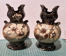 Pair of Victorian impasto Flower vases, Unusual Rims, Hand Painted, 19cm Tall