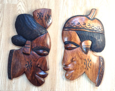2 x African Hand caved wall plaques wood  African man & woman large