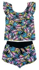 Girls 2 Piece Summer Outfit Green Pink Neon Tropical Crop Top Short Set 7-14 Yrs