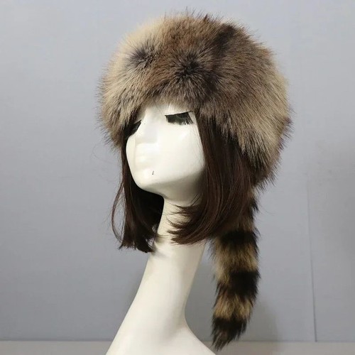 Faux raccoon tail winter hat - faux,