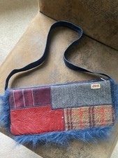 Vintage Y2K  Miss Sixty denim bag tweed tartan fur trim blue red patchwork