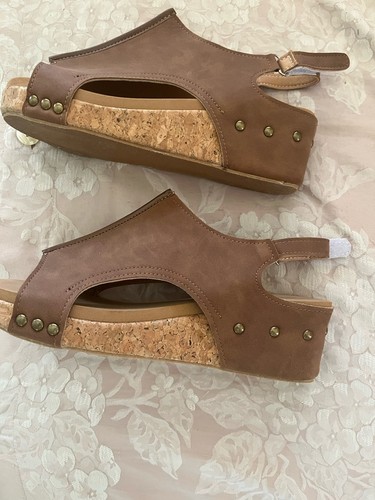 Ladies tan cork wedge sandals - cork,
