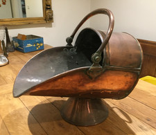 Antique Copper Coal Helmet Scuttle Fireside Bucket Log Burner Kindling Logs
