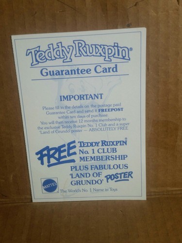 Teddy ruxpin guarantee card - teddy,