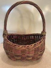 Vtg Green Purple Oval Oblong Woven Wicker Basket Wood Bottom 10.5” L 12” H 8” W