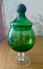 Vintage Green Empoli Glass Apothecary Jar with a lid and pedestal base