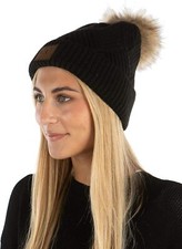 Funky Junque Beanie for Women Faux Fur Pom One Size, Black - Diagonal Stripes 
