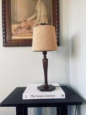 Vintage Oak Table Lamp with Raffia Shade: Rustic Boho Decor