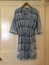 george asda - blue/white stripe dress -button through-linen mix 16