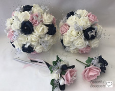 Wedding bouquets navy pink posy flowers, Bride, Bridesmaid, Flower-Girl Wand