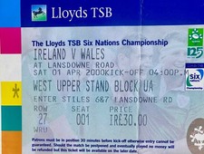 2000 Ireland v Wales Six Nations Rugby Ticket, Lansdowne Road, Dublin