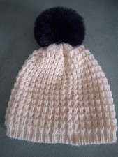 Kyi Kyi Canada Cream Knit Beanie Hat With Navy Blue Pom Pom