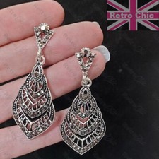 2"long MARCASITE crystal RETRO EARRINGS antique style HEMATITE silver rhinestone