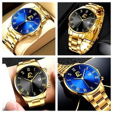 Mens Watch Business Gold Stainless Steel Gents Quartz Analogue Wrist Watch Blue