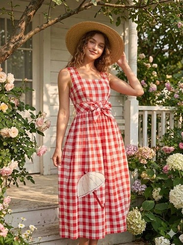 Vintage 70s red gingham - 70s, maxi