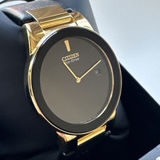 Citizen Eco-Drive Mens Gold Plated Stainless Black Leather Band Watch AU1062-05E