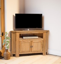 Small TV Stand, Corner Oak Media Cabinet, Solid Wooden Unit, Entertainment Table
