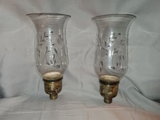 2 Glass And  Sterling Silver Hurricane Lamps W/Etched Shades 