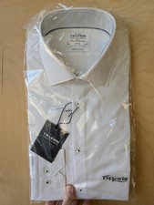 T.M.Lewin Men's Long Sleeve Shirt - 15.5 Fitted - White Navy Spot Polka Dot