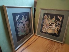 Thai Silk Paintings Ramayana Depictions Warriors In Chariots X2 Frames 16 X 17in