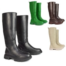 Womens Biker Boots Ladies Calf Knee Riding Winter Pull On Faux Leather Size 3-8