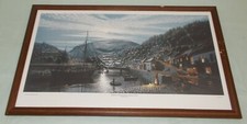 LARGE FRAMED SHIP HARBOUR PRINT TITLED " HOME TO LYNEMOUTH ON A MOON TIDE "