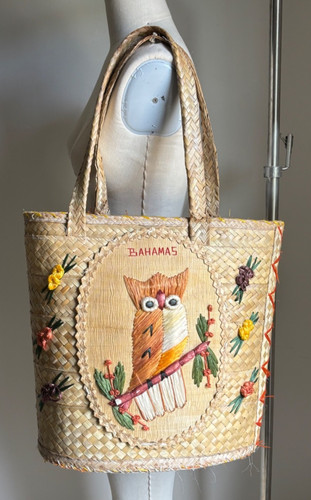 Vintage straw bahamas owl tote - straw,