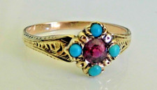 ANTIQUE VICTORIAN 9ct GOLD GARNET & TURQUOISE  RING,  Size O 1/2