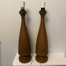 Vintage Pair Wood Wooden Teak? Lamp Lamps Turned Carved Floral Base 53cm Mcm