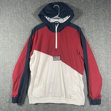 Hollister Jacket Mens Medium Red White Blue Hooded Anorak Windbreaker Epic Flex
