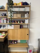 String Shelving Components. Black brackets, Oak veneer shelves, cupboards, desks