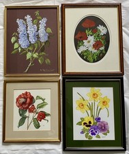 VTG Lot of 4 Framed Botanical Flowers Watercolour Paintings Signed Wall Art 